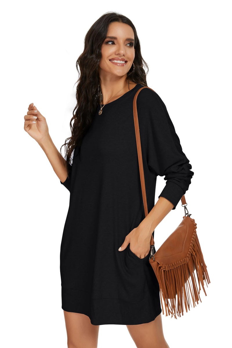 PrinStory Women's Casual Sweater Dresses Fall Winter Crewneck Loose Fit Basic Pullover Tunic Dress with Side Pockets for Work & Weekend Black L - Image 5